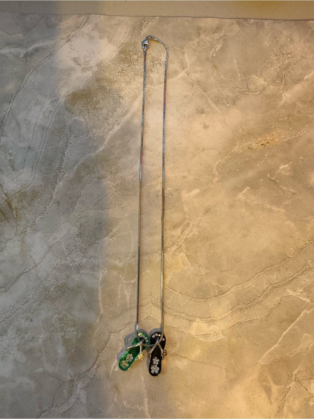 Beach 🏖️ Girl at Heart, Silver chain with 2 hanging Flip Flops. Black & Green.